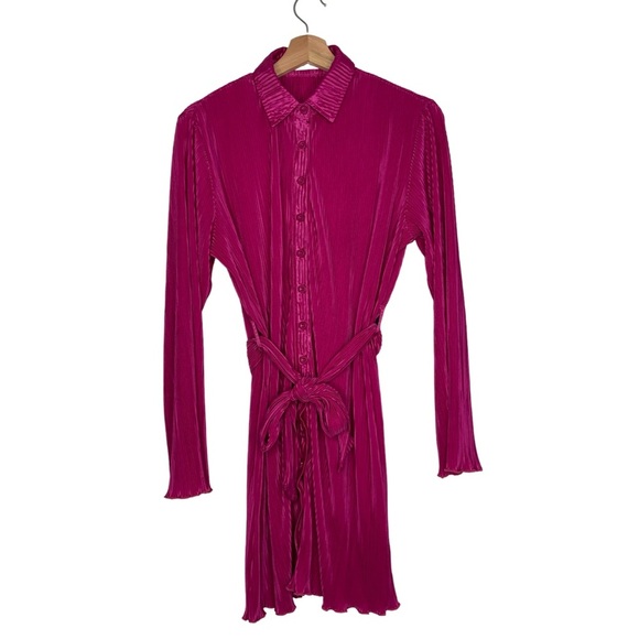 Peppermayo Pink Pleated Button Down Long Sleeve Flirty Mini Dress - Size 0 - Picture 6 of 15